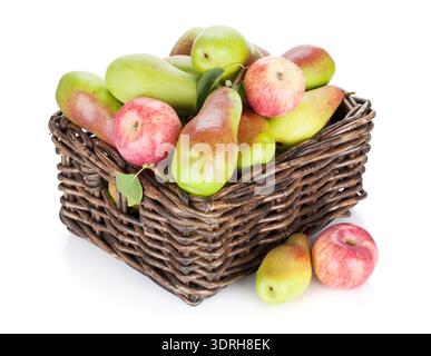 Pears and apples in basket. Isolated on white background Stock Photo