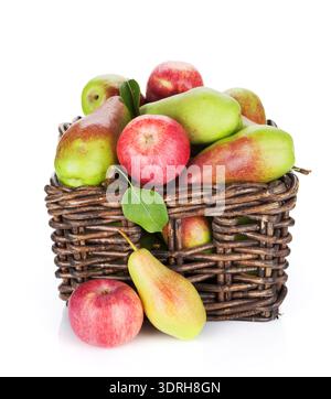Pears and apples in basket. Isolated on white background Stock Photo