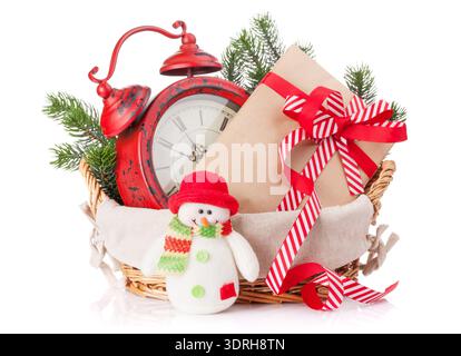 Christmas gift box, alarm clock and snowman toy. Isolated on white background Stock Photo