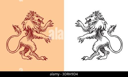 Heraldic royal lion for coat of arms design and shield. Hand drawn engraving in old traditional medieval style, modern made element for family symbols Stock Vector