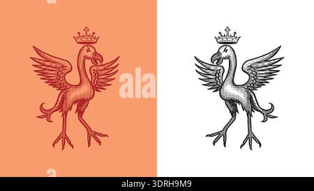 Heraldic flamingo or phoenix with crown for coat of arms design and shield. Hand drawn engraving in old traditional medieval style, modern made Stock Vector