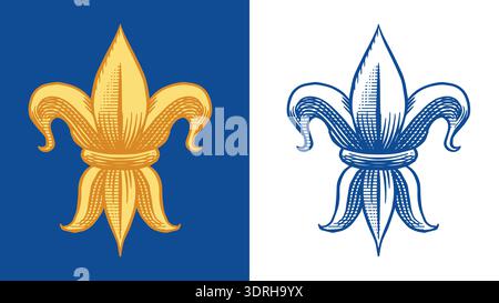Heraldic French Lily. Fleur de Lys for coat of arms design and shield. Hand drawn engraving in old traditional medieval style, modern made element for Stock Vector