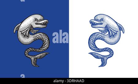 Heraldic dolphin or sea monster for coat of arms design and shield. Hand drawn engraving in old traditional medieval style, modern made element for Stock Vector