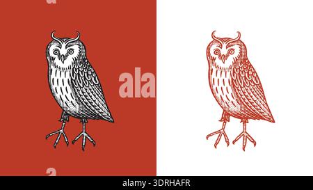 Heraldic long eared owl or eagle owl for coat of arms design and shield. Hand drawn engraving in old traditional medieval style, modern made element Stock Vector