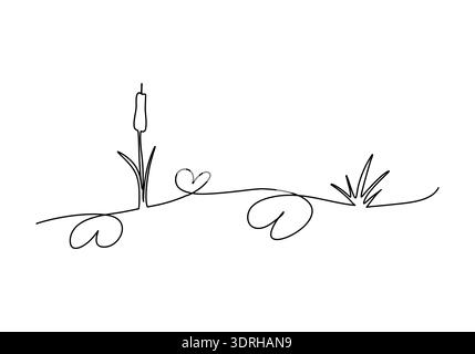Reed, cattail in swamp one line drawing, vector illustration. Stock Vector