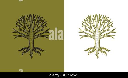 Heraldic oak tree with roots for coat of arms design and shield. Hand drawn engraving in old traditional medieval style, modern made element for Stock Vector