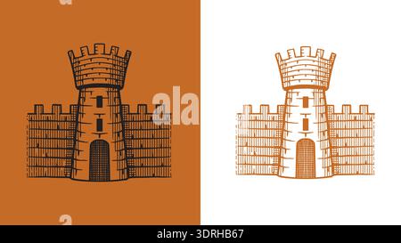 Heraldic tower with a gate of a castle for coat of arms design and shield. Hand drawn engraving in old traditional medieval style, modern made element Stock Vector