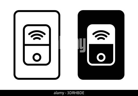 This image features a minimalist wireless switch design displayed in two color variations—black and white. Ideal for technology and automation themes. Stock Vector