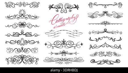 Hand drawn Calligraphy dividers and separators flourish elements. Decorative traditional swirls in art nouveau vintage style for girt cards wedding Stock Vector
