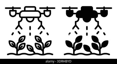 This image features a set of drone icons designed for agriculture, focusing on spraying applications for plant growth and sustainable farming practice Stock Vector