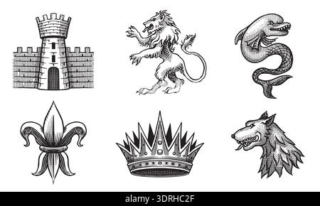 Heraldic tower, lion and wolf with crown, dolphin for coat of arms design and shield. Hand drawn engraving in old traditional medieval style, modern Stock Vector