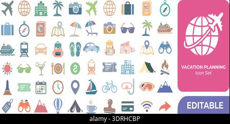 Vacation Planning Icon Set – Travel and Tourism Vector Collection Stock Vector