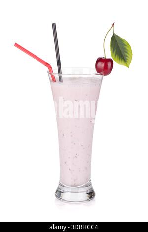 Cherry milk smoothie with drinking straws. Isolated on white background Stock Photo