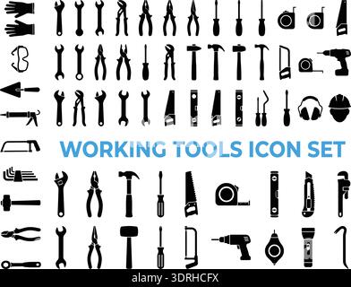 Working Tools Icon Set – Black Silhouette Construction Equipment Collection Stock Vector