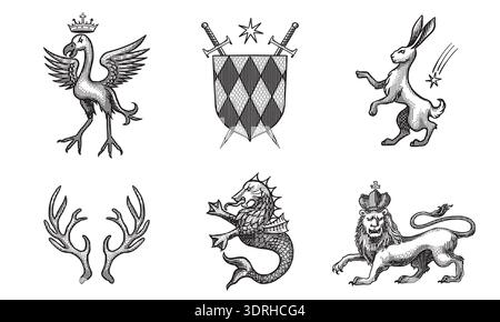 Heraldic bird, rabbit or hare and lion with horns for coat of arms design and shield. Hand drawn engraving in old traditional medieval style, modern Stock Vector