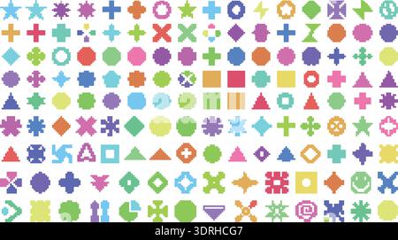 Colorful Geometric Pixel Icons Set – Retro 8 Bit Shape Collection Stock Vector