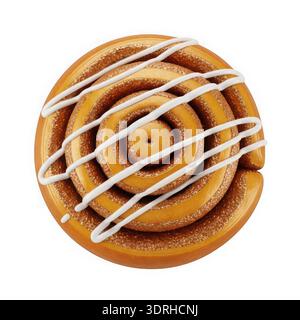 A close-up image of a delicious cinnamon roll with a white icing drizzle on top, showcasing the intricate swirls of cinnamon and the soft, baked textu Stock Photo