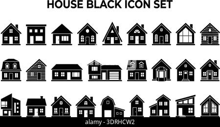 House Black Icon Set with Modern, Classic and Cottage Home Silhouettes Stock Vector