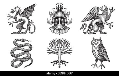 Heraldic Dragon, knight and gryphon and snake, owl for coat of arms design and shield. Hand drawn engraving in old traditional medieval style, modern Stock Vector