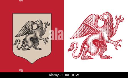 Heraldic griffin creature with wings and bird face for coat of arms design and shield. Hand drawn engraving in old traditional medieval style, modern Stock Vector