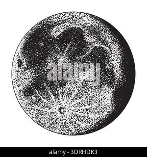The Moon is the satellite of our planet Earth. Hand drawn illustration in dot work stippling style. Dark vision of astronomical sky object Stock Vector