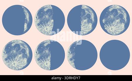 Moon phases. Hand drawn illustration in dot work style for stages of moon during the one month. Astronomy and astrology  Stock Vector