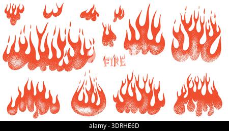 Set of silhouette flame and fire in vintage style. Hand drawn engraved monochrome bonfire sketch. Vector illustration for posters, banners and logo Stock Vector