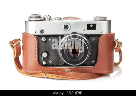 Vintage film camera with leather case Stock Photo