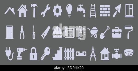 Construction and Home Repair Tools Icon Set Vector Illustration on Gray Background Stock Vector