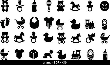 Baby Toys and Newborn Essentials Black Silhouette Icons Set Vector Collection Stock Vector