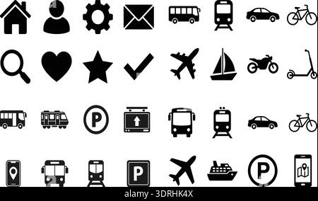 Transportation and User Interface Black Icons Set Vector Illustration Collection Stock Vector
