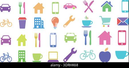 Modern Everyday Objects and Lifestyle Icons Set Colorful Vector Collection Stock Vector