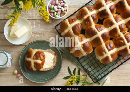 Traditional homemade Hot cross buns for Easter. Stock Photo