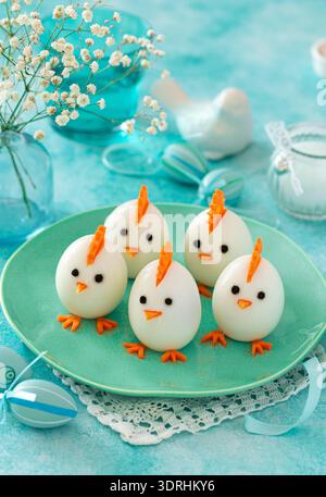 Funny eggs chicks. Easter idea for festive dinner Stock Photo