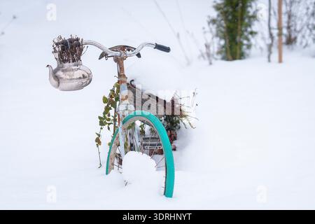 Vintage bicycle partially buried in snow with a turquoise tire and teapot planter on the handlebars. Rustic old bicycle decorated with dried plants. Stock Photo