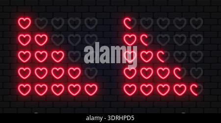 Neon heart rating scale with glowing red icons in various stages. Romantic shapes highlight user feedback and satisfaction. Perfect for dating apps Stock Vector