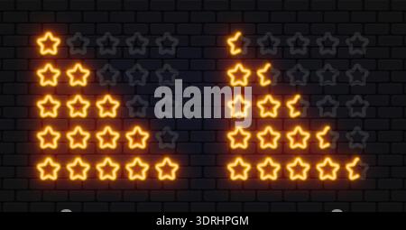 Neon vector set of glowing star rating scales from one to five. Bright symbols shine on a dark brick wall, showing different feedback levels. Great Stock Vector