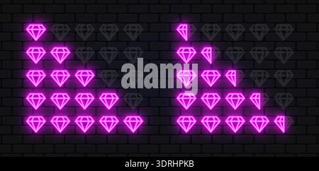 Neon diamond rating scale in bright pink tones. Glowing gem icons show different value levels from low to high. Perfect for luxury reviews, game Stock Vector
