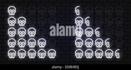 Neon skull rating scale with glowing white icons on dark brick. Edgy design expresses danger or difficulty levels. Suitable for horror themes, gaming Stock Vector