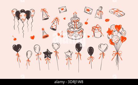 Doodle happy birthday cake with candles and whimsical coquette bows. Antique victorian style filigree feminine girly crayon drawing. Flying balloon. B Stock Vector