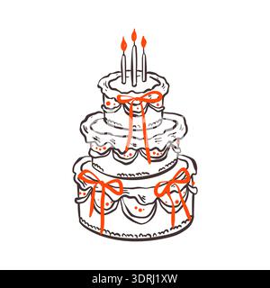 Doodle happy birthday cake with candles and whimsical coquette bows. Antique victorian style filigree feminine girly crayon drawings. Flying balloons. Stock Vector