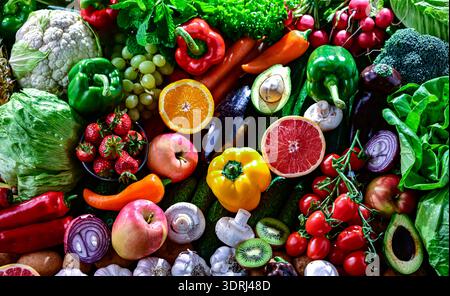 Variety of raw vegetables and fruits Stock Photo
