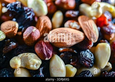 Close-up of mixed nuts and dried fruits. Stock Photo