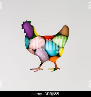 Spring composition with chicken silhouette paper cutout filled with colored Easter eggs on white background. Minimal Easter concept. Stock Photo