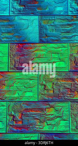 Holographic Glitch Effect Stone Brick Wall Pattern - 8K Ultra High-Resolution Vertical Wallpaper Background with Copy Space for Digital Art Stock Photo