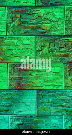 Neon Green Holographic Stone Brick Wall Pattern - 8K Ultra High-Resolution Vertical Wallpaper Background with Copy Space for Tech and Gaming Marketing Stock Photo