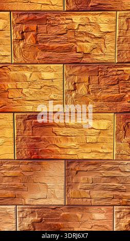 Warm Golden Sandstone Brick Wall Pattern - 8K Ultra High-Resolution Vertical Wallpaper Background with Copy Space for Rustic Design and Marketing. Stock Photo