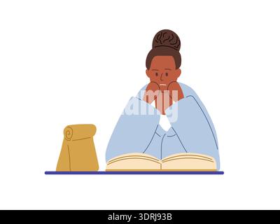 Young woman sits and reads book with snack in bag on table. Vector illustration for education blog, wellness content, book lovers. Stock Vector