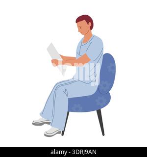 Medical worker. Man in medical special uniform sits in chair reading patient chart. Medical care vector illustration in flat style Stock Vector