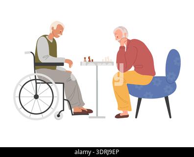 Two elderly men with gray hair play chess in a nursing home. Old people in simple clothes and slippers. Concept of aging Stock Vector